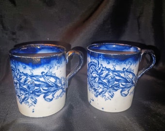 Antique Pair of Empire Works Demitasse Cups, Set of 2 Old Vintage Demi Cups, English Flow Blue Style