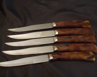 Vintage John Hull Marbled Bakelite Knife Set, 5 Brown Plastic Sheffield Knife Utensils, Made in England Westhall Richardson