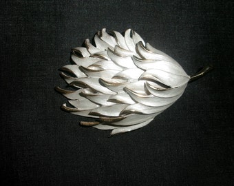 Vintage Pastelli Leaf or Feather Pin, Two Tone Silver and Gold Brooch