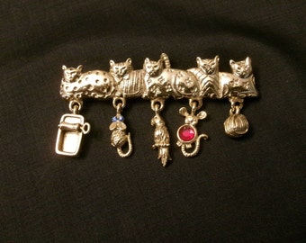 Vintage AJC Cat Lovers Brooch, Sitting Row of Kitty Cats with Dangling Charms Pin