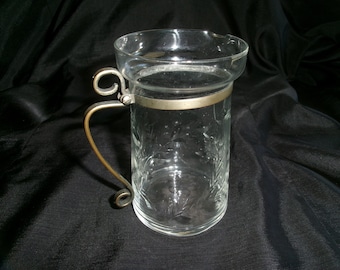 Vintage Etched Floral Milk Pitcher, Glass Creamer with Metal Handle