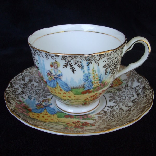 Colclough Fine English Bone China Cup and Saucer, Tea or Coffee Cup, Old China with Lady and Sundial in Garden