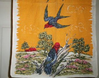 Vintage Mid Century Linen Bird Tea Towel in Red and Blue on Yellow, Parisian Prints, Kitschy Bird Decor Kitchen Towel