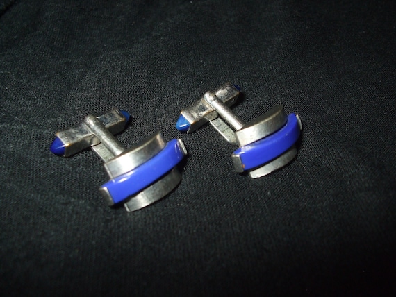Vintage Swank Art Deco Style Blue and Silver Cuff… - image 1