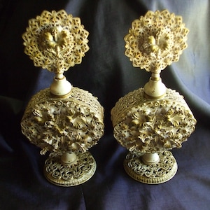 Vintage Gold and Cream Filigree Metal Vanity Set, 2 Old Floral Perfume Bottles with Dauber Tops, Hollywood Regency Dressing Table Set