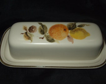 Vintage Johnson Brothers Butter Dish, HTF Summer Gold 1979, Quarter Pound Covered Butter with Fruit Motif, Table Plus Johnson Bros