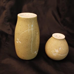 May include: A pair of ceramic salt and pepper shakers. The shakers are a speckled beige color with white floral designs. The taller shaker is oval-shaped, and the shorter shaker is round. Both have white tops with holes.