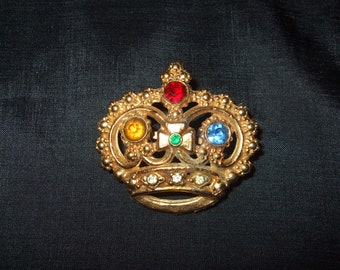 Vintage Rhinestone Crown Brooch , Old Unsigned Pin, Unusual Old Costume Jewelry Pin