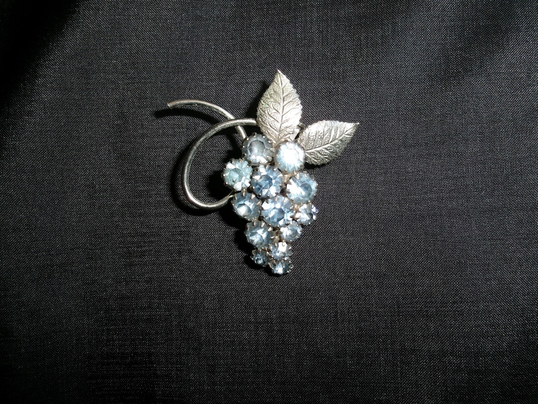 Vintage Bunch of Grapes Eyeglass Holder Brooch, Pale Blue Rhinestone