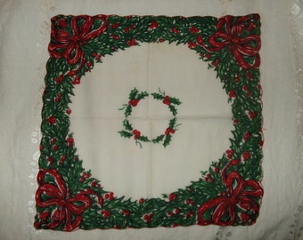 Vintage Printed Christmas Hanky, Lovely Deep Colors Handkerchief, Scalloped Edges with Holiday Design