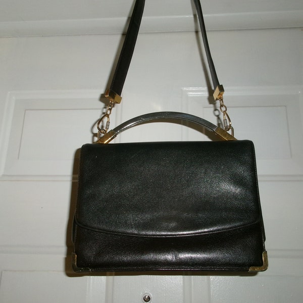 Vintage Koret Black Leather Pocketbook, 2 Tone Hardware Purse, Mid Century Structured Handbag, Top Handle Shoulder Bag