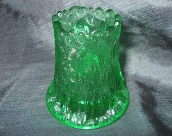 Vintage Green Glass Stump Toothpick Holder, Unmarked Wright or Smith