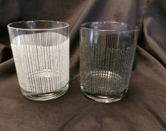 Vintage Georges Briard Icicle Cocktail Glasses, HTF Set of Two Double Old Fashioned Pair, Black and White Briard Barware