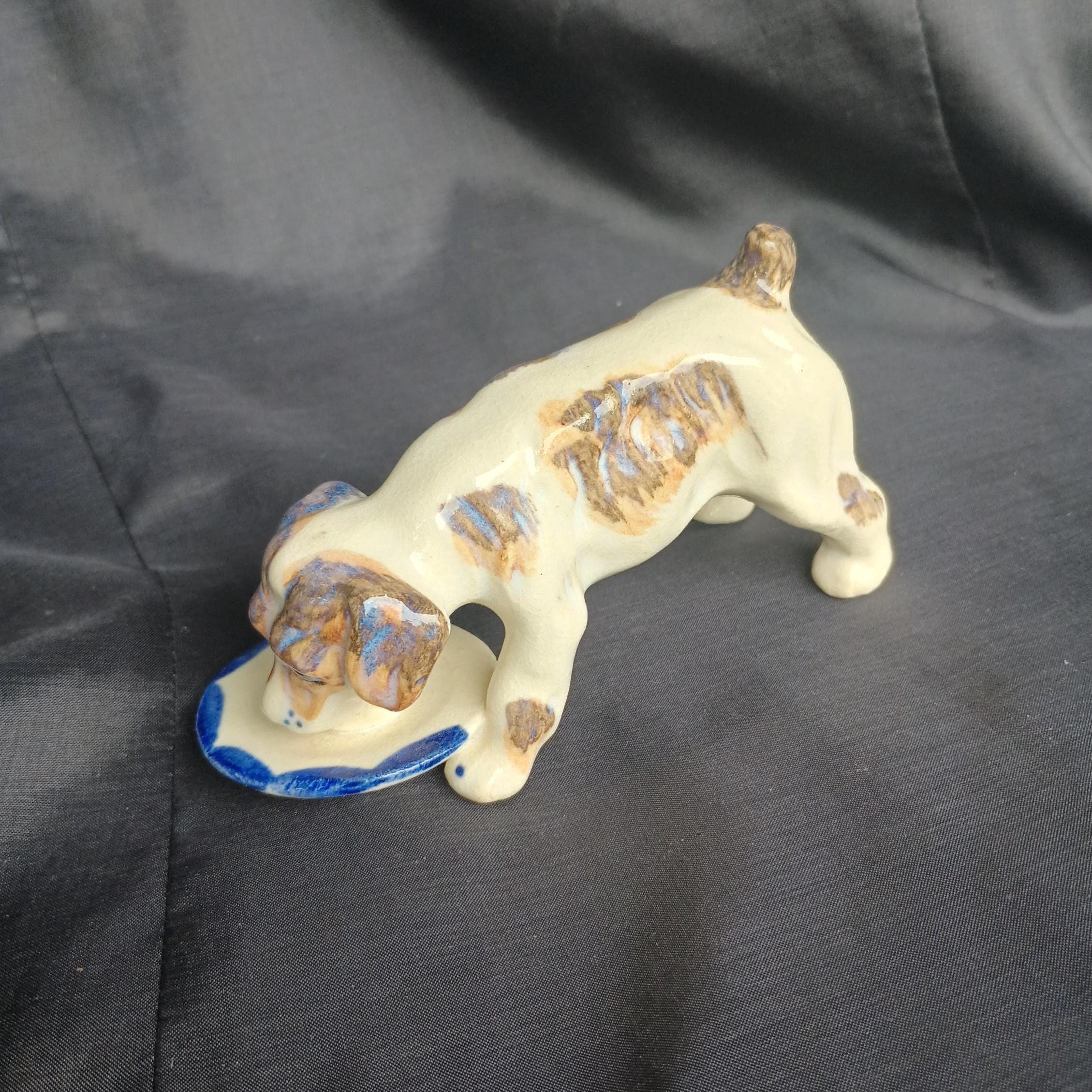 Vintage Fox Terrier or Jack Russell Eating From Plate, Puppy Dog