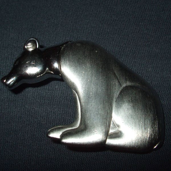 Vintage Silvertone Polar Bear Pin , Signed Liz Claiborne Old Christmas Holiday Brooch