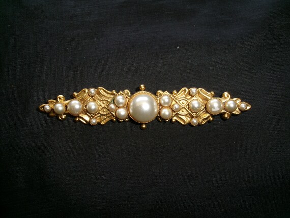 Vintage Faux Pearl Bar Brooch, Large Victorian St… - image 3