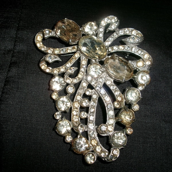 Vintage Staret Huge Rhinestone Brooch, Large 1940s Pin with Clear Rhinestones, Old in As Found Condition