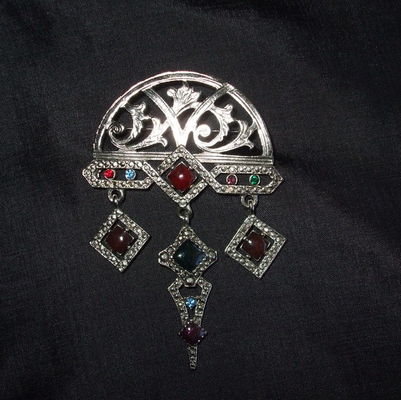 Vintage Art Deco Style Brooch, Big Dangling Silve… - image 4