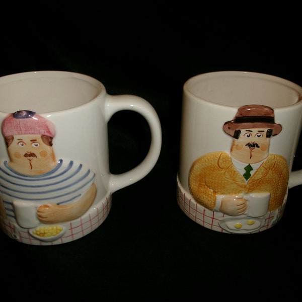 Vintage Les Artisans Pair of Mugs, Sigma Tastesetter from Towle,  Set of Two Mugs, Guys eating Breakfast