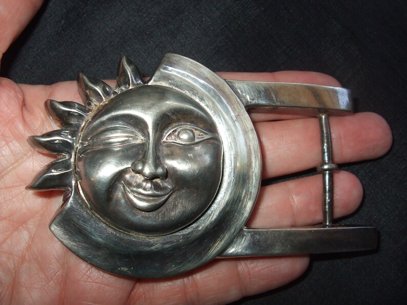 Vintage Sun and Moon Face Belt Buckle Unsigned Silver Tone Buckle