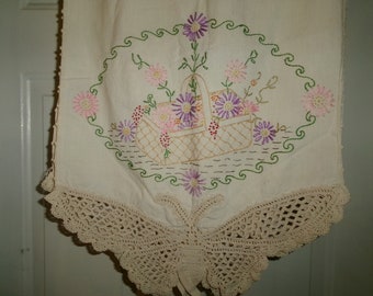 Vintage Embroidery and Crochet Table Topper, Vintage Floral Dresser Scarf with Butterfly Ends, Decorative Pastel Flowers Table Runner