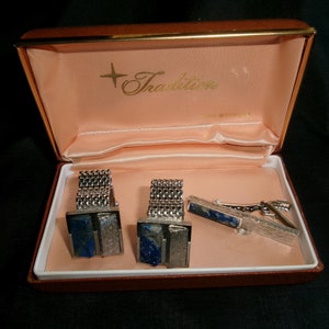 Vintage NOS Sodalite Tie Clip and Cufflinks, Silver Tone Textured MCM Style Cuff Links and Tie Clip, In Original Box Deadstock