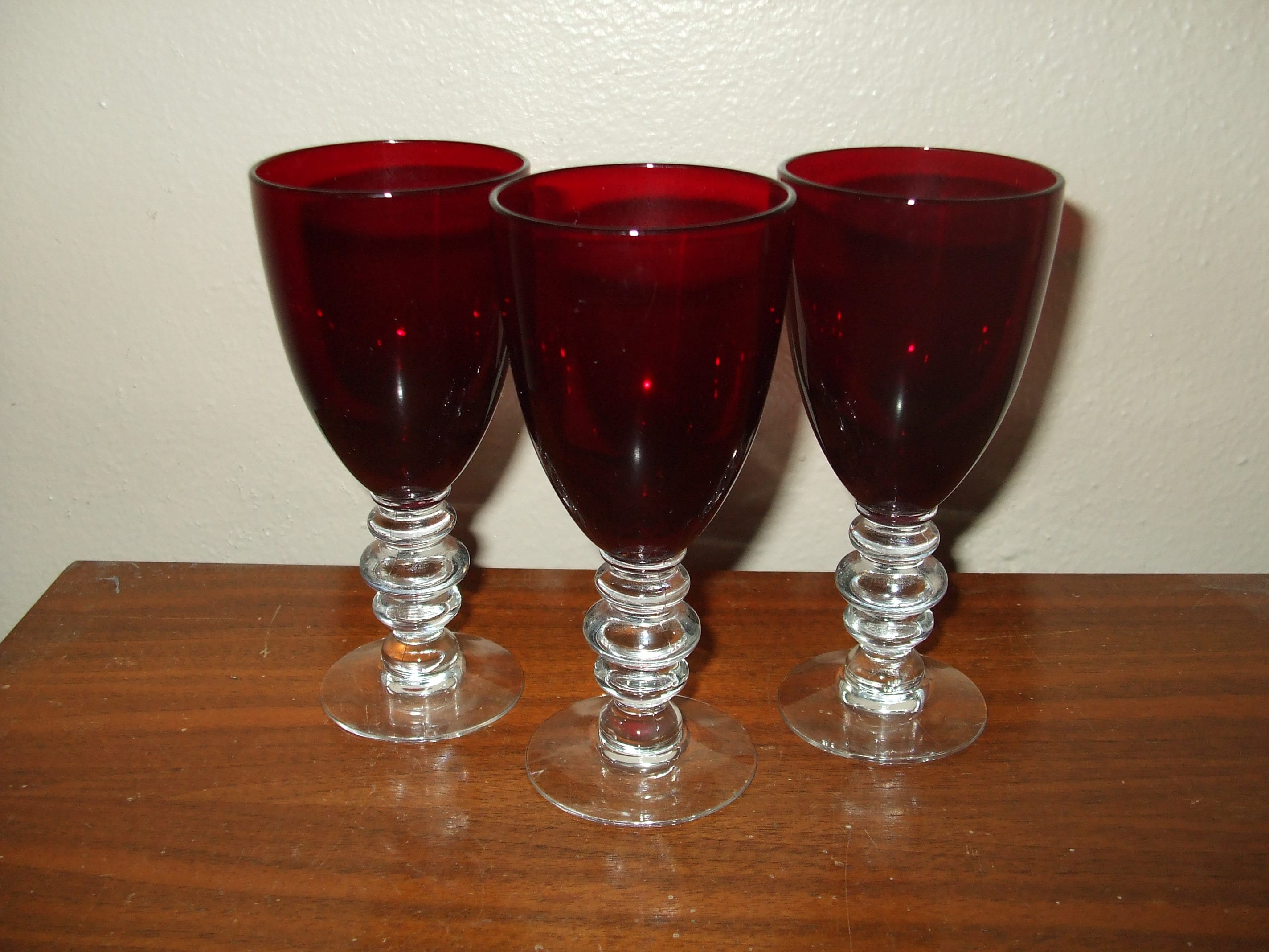 Vintage Ruby Red Art Deco Wine Glasses, Duncan Miller Circa 1950