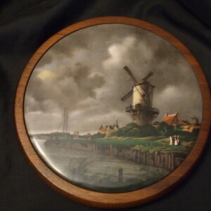 Vintage Trivet by Margaret Studios Inc Murphy NC , Stormy Day Windmill Scene in Wooden Frame, Hot Plate Holder
