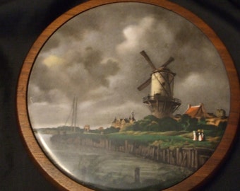 Vintage Trivet by Margaret Studios Inc Murphy NC , Stormy Day Windmill Scene in Wooden Frame, Hot Plate Holder