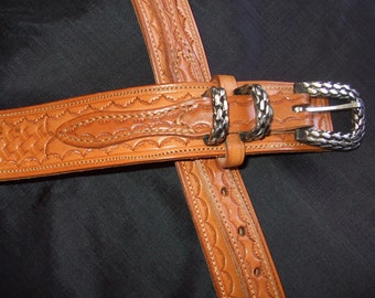 Vintage Handtooled Leather Belt, Size 42, Hand Made Basketweave Design, Made in USA with Chromed Buckle Set, Mans Western Belt