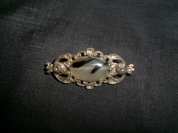 Vintage Uncas Silver Brooch with Agate, Sterling … - image 1