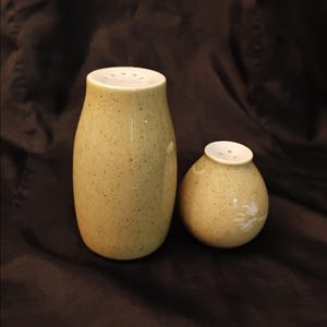 May include: A pair of ceramic salt and pepper shakers. The taller shaker is oval-shaped, and the smaller one is round. Both are light yellow with small dark speckles and white tops with holes. The smaller shaker has a white floral design.