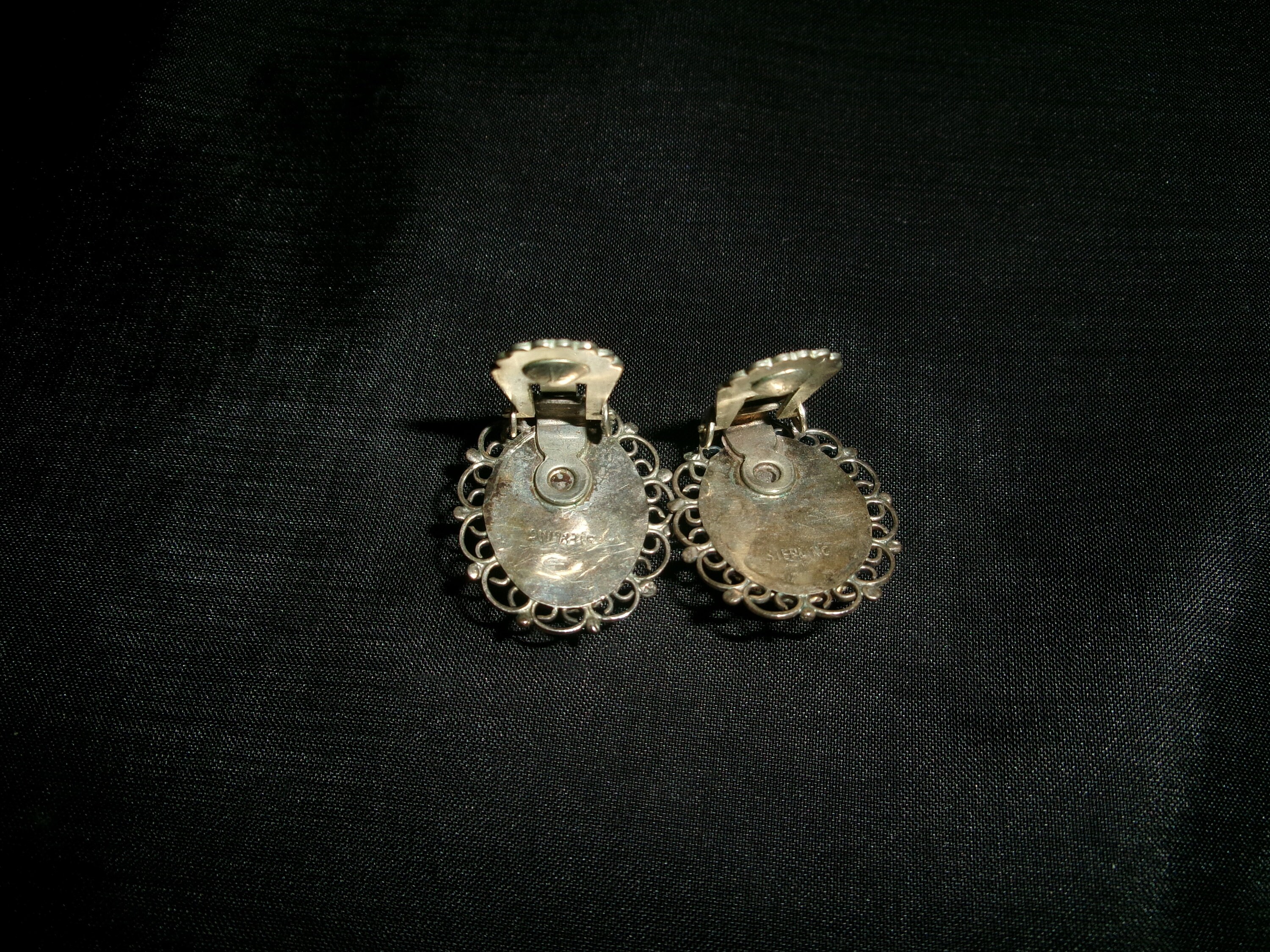 Stamped Sterling Silver Earrings with Turquoise by Albert  Vintage agua stone sterling clip earrings main image 2