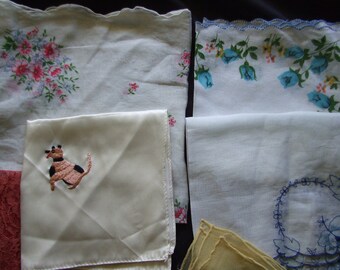 Vintage Lot of 8 Hankies, Printed Handkerchiefs, Crocheted Edge, Hand Painted, Weird Animal
