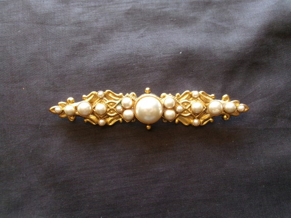 Vintage Faux Pearl Bar Brooch, Large Victorian St… - image 2
