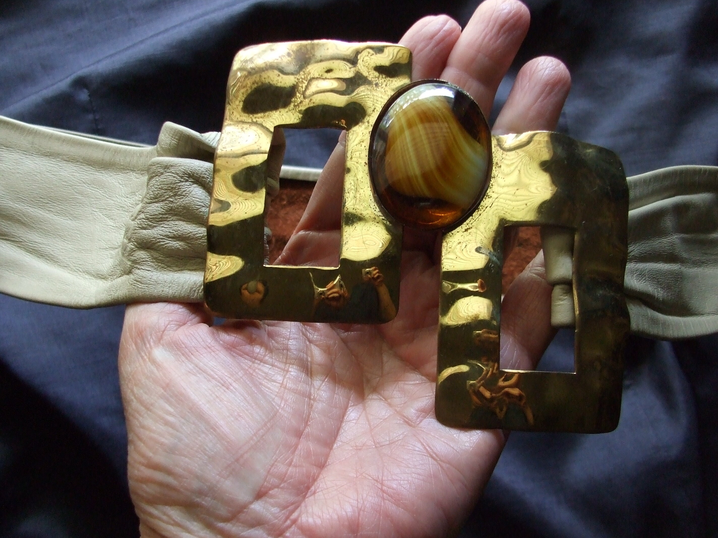 Vintage Brutalist Metal and Beige Leather Belt, Size Small 