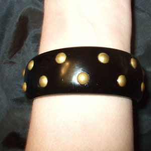Vintage Bakelite Brass Stud Bracelet, Mid Century Black Detailed Bangle