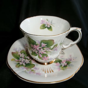 Vintage Mayflower Pattern Cup and Saucer, Royal Adderley Canadian Provincial Flowers, Fine English Bone China Gold Trim Floral