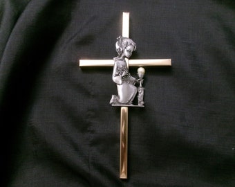 Vintage MCM Pewter First Communion Wall Cross, Praying Child Old Wall Decor