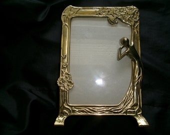 Vintage Art Nouveau Revival Picture Frame,  Belle Epoque Metal Photo Frame with Lady of the Lake, Brass or Brass Plated Frame