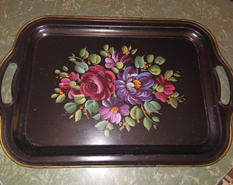 Vintage Hand Painted Floral Folk Art Tole Tray, Large Old Black Double Handled Tray with Flowers, Romantic Decor with Florals on Black Metal