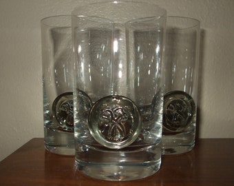 Vintage Rosenthal Crystal Pirate Beer Glasses, Set of 3 Sword or Hammer and Sickle Medallion Variant, Circa 1963 Barware Applied Glass Prunt