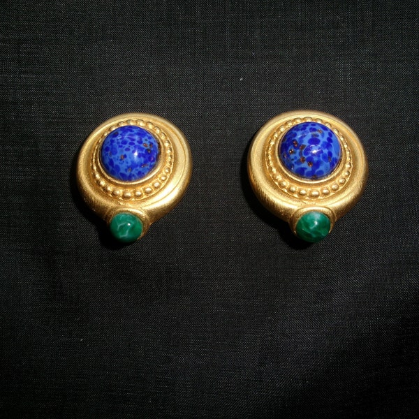 Vintage Etruscan or Egyptian Revival Eighties Gold Tone Clip On Earrings,  Round Earrings with Faux Blue and Green Gems