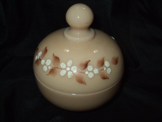 Vintage Westmoreland Glass Coraline Trinket Box , Almond Beige Glass Covered Dish,  Vintage Glass Decor, Floral Decorated Round Box