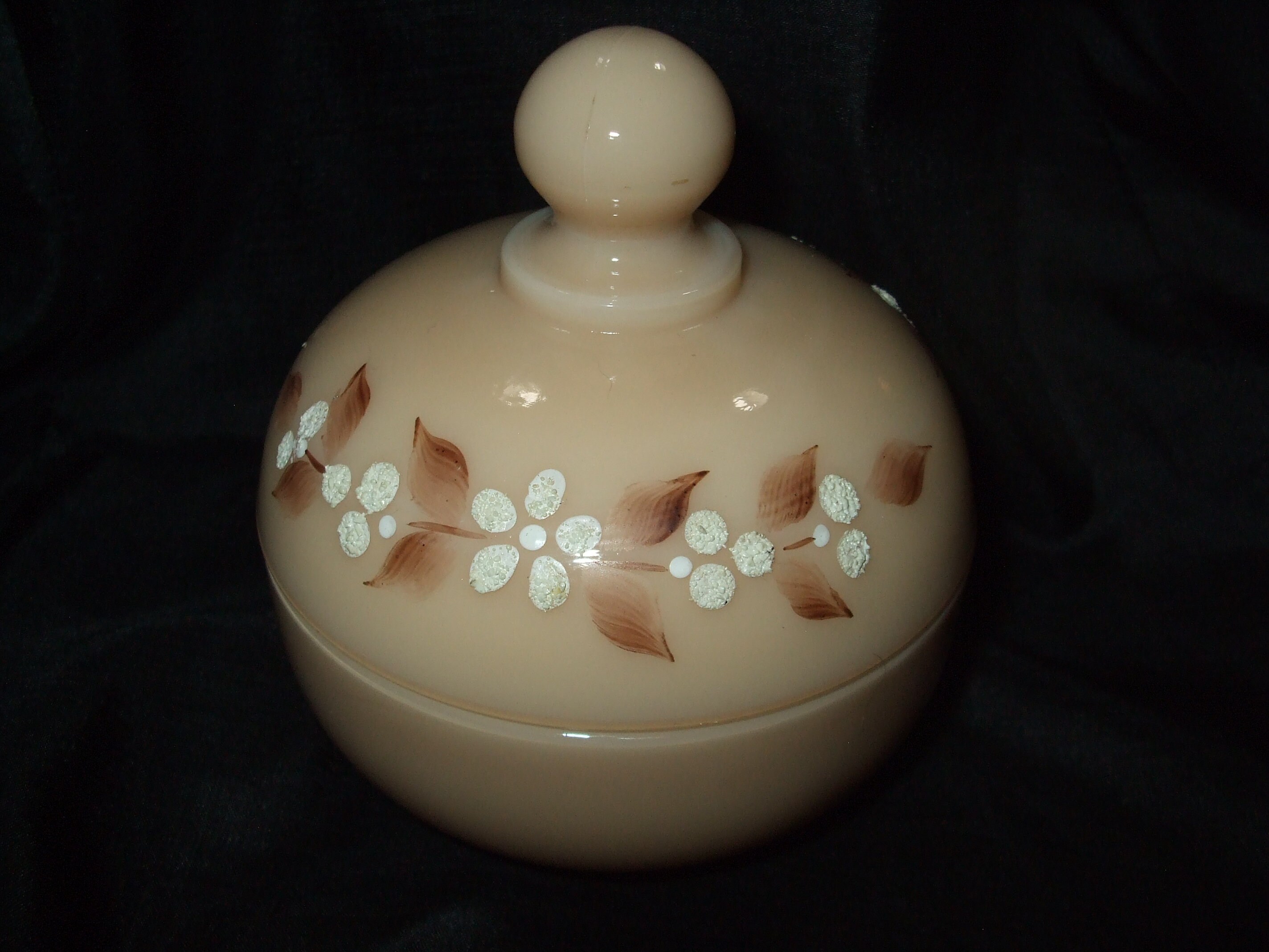 Vintage Westmoreland Glass Coraline Trinket Box , Almond Beige Glass Covered Dish,  Vintage Glass Decor, Floral Decorated Round Box