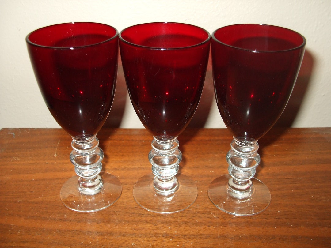 Vintage Ruby Red Art Deco Wine Glasses, Duncan Miller Circa 1950