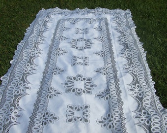 Vintage Machine Lace Bright White Tablecloth , White Large Rectangular Lacy Table Cloth, 116 inches by 58 Inches