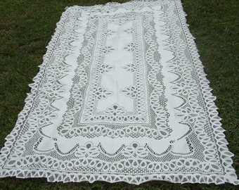 Vintage Lace Light Cream or Ecru Tablecloth , Off White Large Rectangular Lacy Table Cloth, 96 inches by 58 Inches