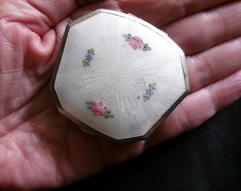 Antique to Vintage Tiny Enamel Guilloche Floral Compact, Rouge and Powder Compartments, HTF Unusual Little Compact AS IS Please Read