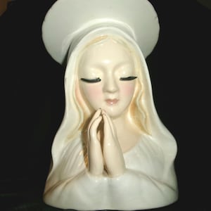 Vintage Madonna Head Vase Planter, Praying Hands, Big Eyelashes, Old Religious Figurine